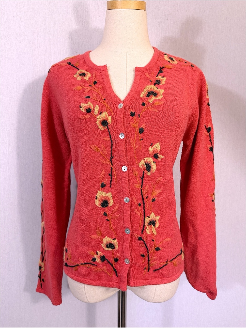 Vintage Portraits by Northern Isles Coral Floral Embroidered Sweater Cardigan